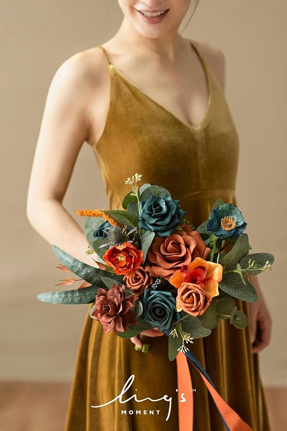 Ling's moment Artificial Flowers Teal and Orange Bridesmaid Bouquet Set of 4, Wedding Flowers Bouquets for Bridesmaids, 7 Inch Bridal Bouquets for Bridesmaids, Wedding Decor, Ceremony, etc
