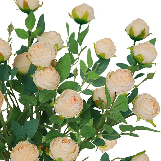 CHIAVE 8pcs 24 Flower Buds Artificial Vintage Roses Fake Silk Rose Flowers with Long Stem for DIY Bouquets Wedding Centerpiece Party Home Kitchen Shorp Decoration-Beige