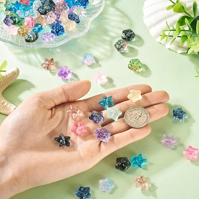 110Pcs 14mm Gradient Glass Star Beads Colorful Starfish Crystal Beads Clear Bowknot Pentagram Charm Beads Ocean Beach Craft Beads Loose Spacer Beads for DIY Bracelet Earring Jewelry Making