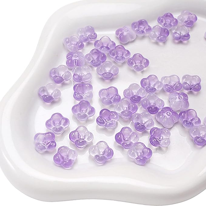 100PCS Glass Flower Beads for Jewelry Making 4 Petal Flower Bead Caps Gradient Cute Floral Beads Aesthetic Charms for Necklace Bracelets Earrings DIY Craft Home Decoration-Purple