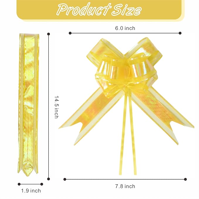 24PCS Yellow Pull Bows for Gift Wrapping, 6" Large Pre-Tied Decorative Bows for Christmas, Wedding, Birthday, Party Decors, Reusable Instant Floral Decors for Gifts, Bouquets, Baskets