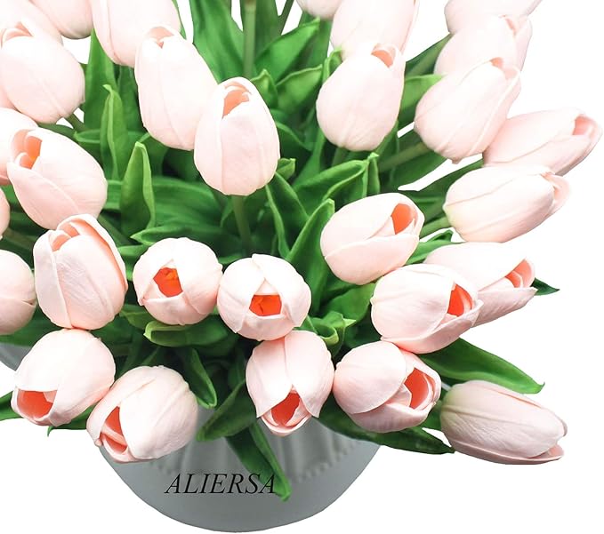 10-Heads Home Decor Mini Tulip Real Touch Tulip Artificial Flowers Bouquets for Home Wedding Party Centerpiece Decoration (Light Pink)