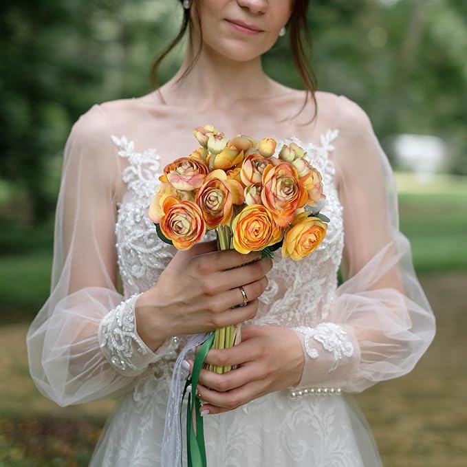 IPOPU Artificial Ranunculus Orange Silk Flowers with Stems 12PCS Mini Fake Flowers for DIY Wedding Bouquet Bridal Shower Decorations Floral Filler Flowers Centerpieces (Shade of Orange)