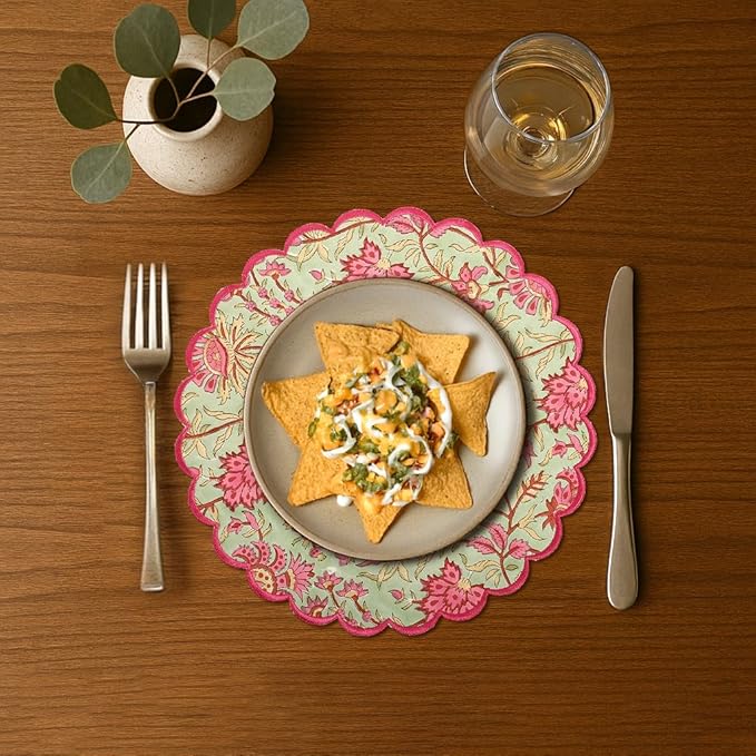 Ridhi Pistachio Green Hand Block Print Cotton15 Inch Round Set of 4 Reusable Washable PlaceMats Kitchen Dining Thanksgiving Halloween Christmas Weddings Everyday Use