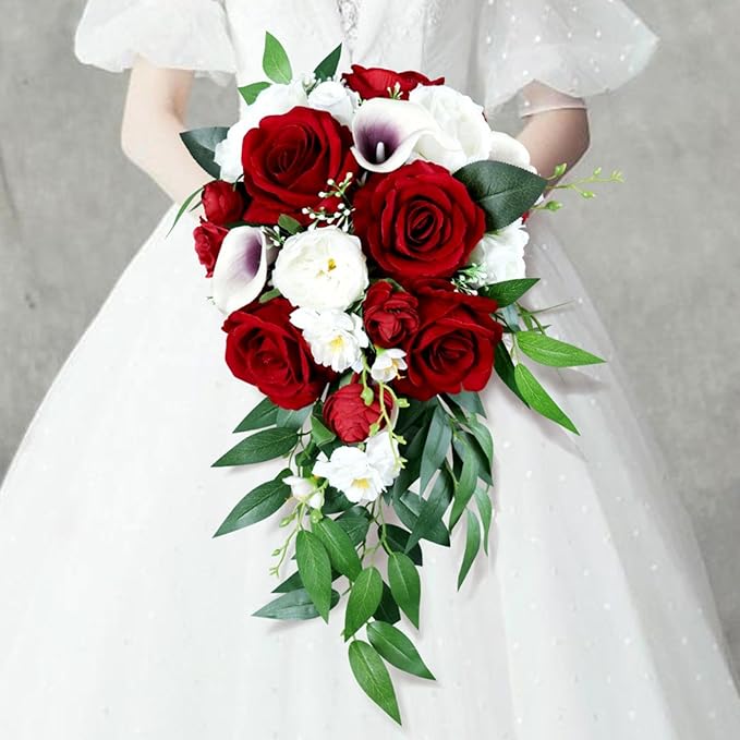 Wedding Bouquet for Bride, White and Wine Red Water Drop Bridal Bouquet Artificial Flowers Roses Cascading Wedding Bouquet for Ceremony Anniversary Party Bridal Shower Wedding Decoration