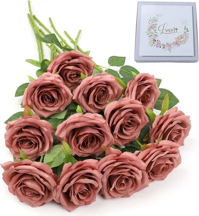 Artificial Rose Flower Dusty Rose Flowers Silk Flowers 12 pcs with Long Stem Silk Roses Bouquet for Wedding Bridal Shower Party Home Decoration