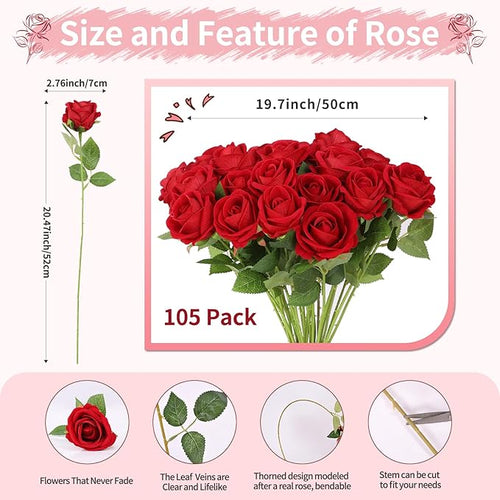 102 PCS Red Roses Artificial Flowers, Fake Red Rose Bouquet, Artificial Silk Red Roses with Stems for Wedding Flowers Decoration, Valentines Day Mothers Day, Bridal Bouquet Roses