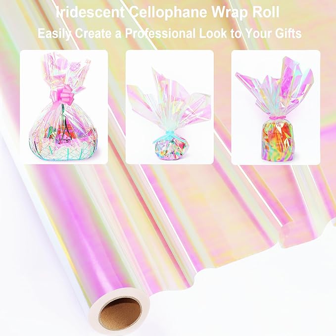 SYOGUA 82 Ft x 17 In Cellophane Roll Extra Wide Iridescent Cellophane Wrap Gift Baskets Wrapping Plastic for Basket, Treats, DIY Crafts, Birthday Gifts