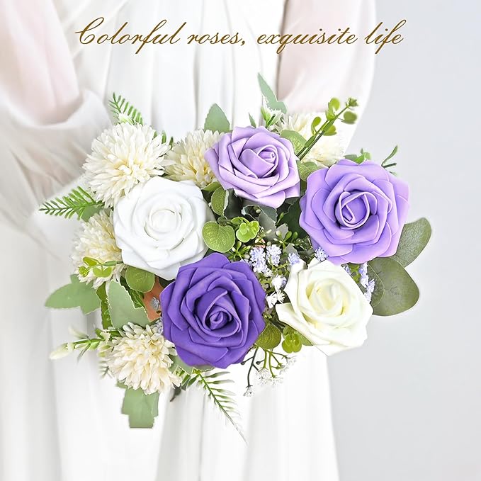 BLEUM CADE 36Pcs Artificial Flowers Fake Roses with Stems, Gradient Purple Boxed Foam Roses for DIY Bouquets Centerpieces Wedding Party Arrangement Bridal Shower Decor