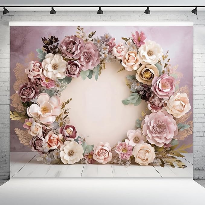 10x6.5ft Wedding Backdrop Purple Pink Floral Theme Photography Background White Flower Garland Green Leaves Bridal Shower Banner Decorations Girls Birthday Party Baby Portrait Photo Booth Prop