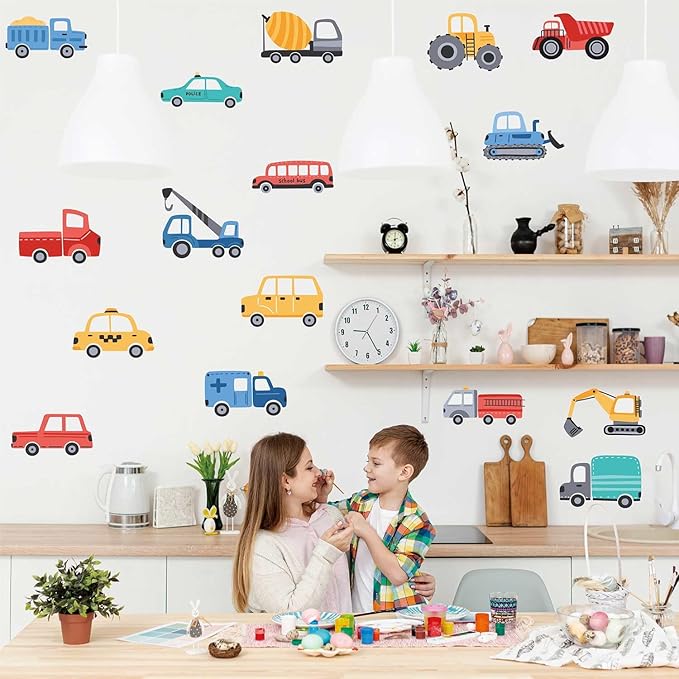 Cartoon Car Wall Stickers for Kids Room 48PCS Racecar Truck Vinyl Decals Waterproof Removable Vehicle Stickers for Nursery Playroom Decor Easy to Apply Reposition (Transportation Theme)