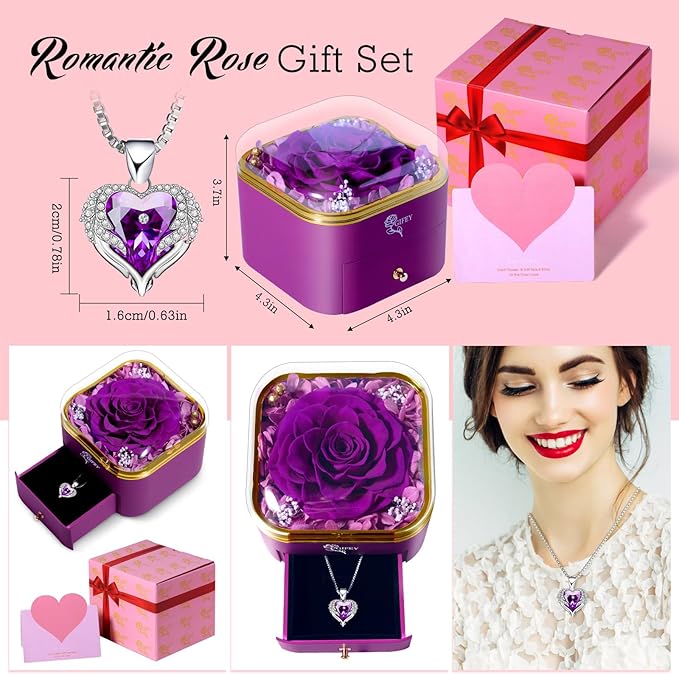 Christmas Flower Gifts for Mom,Birthday Gifts for Women,Preserved Purple Real Rose with Purple Necklace,Forever Flowers Rose Gifts for Women Mom Wife Girlfriend on Anniversary Valentines Mothers Day