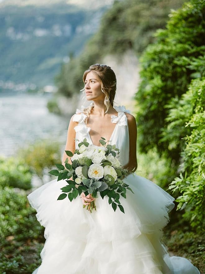 Rinlong Wedding Bouquets for Bride White Green Bridal Bouquet for Wedding Artificial Flowers Silk Bouquet White Lush Green