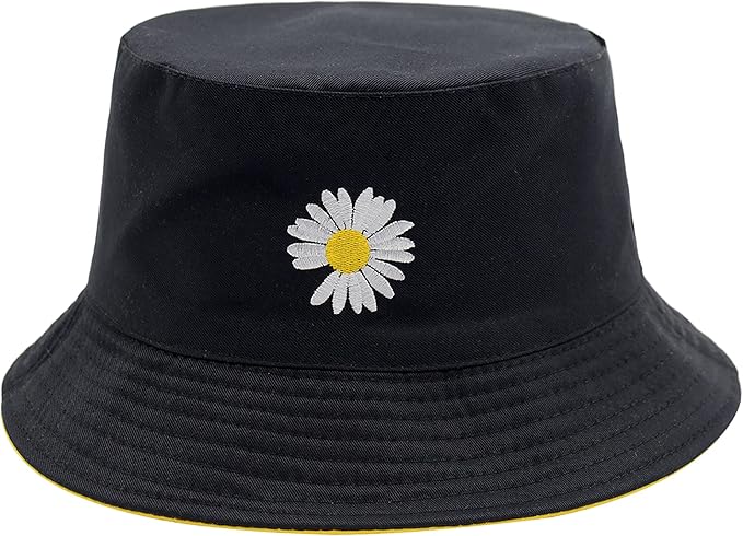 Flower Reversible Bucket Hat Cotton Summer Travel Beach Sun Hats Emboridery for Women Men