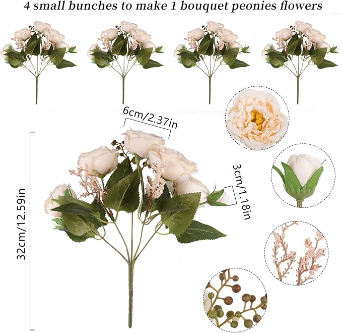 Artificial Peonies Silk Flowers, Beige Faux Peony Bouquet 4 Bundles Florals Arrangements Decor for Farmhouse Home Boho Wedding Table Centerpiece, Fake Plastic Flowers Bulk for Vase Decoration (Beige)