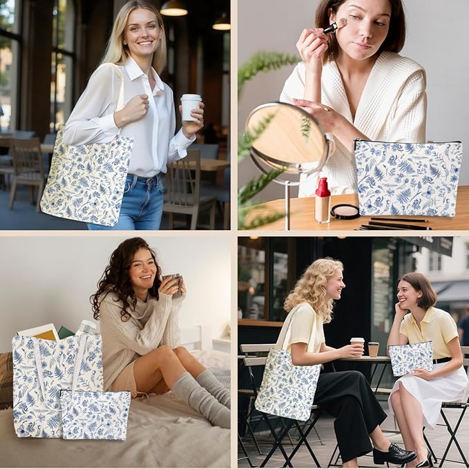 Flower Plant Lover Gifts for Women Canvas Tote Bag with Makeup Bag Cosmetic Bags Grocery Bags for Shopping Christmas