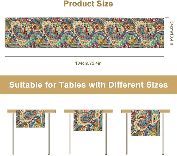 Boho Paisley Table Runner, Colorful Indian Mandala Floral Golden Aeccent Bohemian Style Table Runnner for Kitchen Dining Holiday Party Decoration, 13x60 Inch