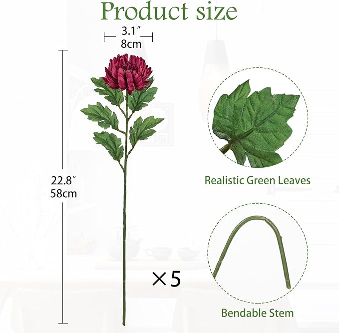 Hollyone 5Pcs Fake Mums Flowers Purple Artificial Chrysanthemum Flowers Silk Long Stem Floral Arrangements Bouquets Faux Spider Mum Flower Pincushion Flower Bush Spring Home Decor