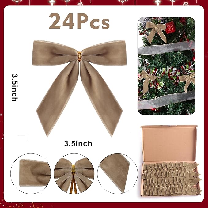 24 Pcs Light brown Small Velvet Christmas Bows for Christmas Tree, Wreath, Gift Wrapping, Crafts, Wedding, Party, Twist Tie Bows for Treat Bag Bakery Candy Bags, Home Decor 1"W,3.5 x 3.5 inch
