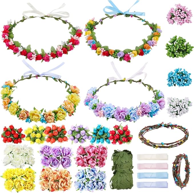 INFUNLY 30 Set DIY Artificial Flower Wreath 6-Color Rose Wedding Crowns Making Kit Berries Branches Hanging Floral Wreath for Front Door Make Your Own Flower Headbands Bracelets Kit for Women Girl
