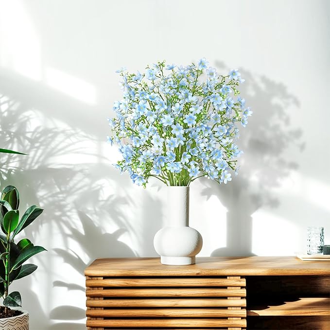 Artificial Flowers 8PCS Silk Flowers with Long Stems, Fake Flowers Bulk Fake Babys Breath, Royal Blue Flowers for Tall Vase Outdoor Garden Wedding Party Home Table (Light Blue, 8PCS)