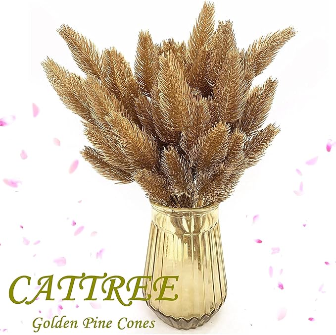 CATTREE Artificial Gold Plants Plastic Fake Grass Faux Shrubs Simulation Bushes Home Indoor Outdoor Garden Leaves Wedding Festival Decoration Hall Table Planter Filler Pine Cones Golden - 3 Pack