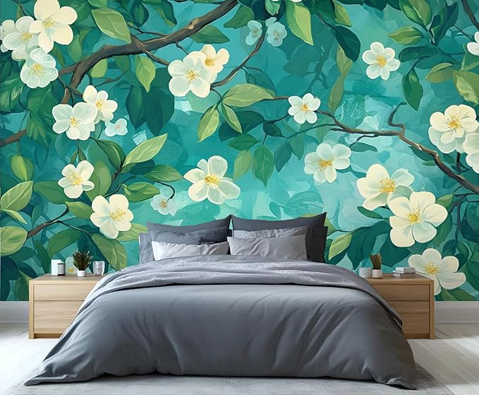 Jasmine Blossom Wall Mural, Elegant Floral Landscape 3D Wall Murals, Nature Turquoise Botanical Wallpaper Mural, for Living Room Bedroom Large Wallpaper Indoor Decor 118" W x 82.6 "H