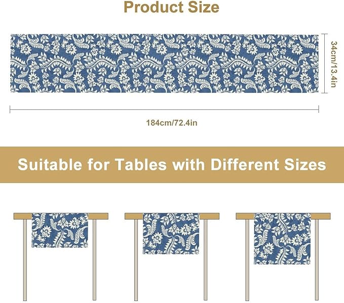 Vintage Floral Table Runner, Rustic Blue White Paisley Flower Boho Farmhouse Decor Table Runner for Kitchen Dining Home Party Decor, 13x60 Inch