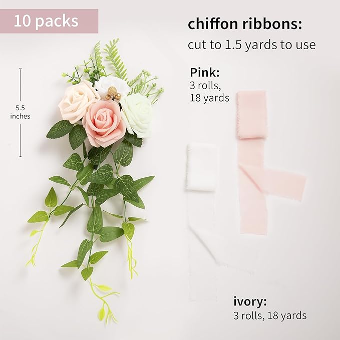 DORIS HOME Wedding Aisle Decorations Pink Pew Flowers Set of 10 for Wedding Ceremony Party Chair Decor with Artificial Flowers Eucalyptus and Ribbons