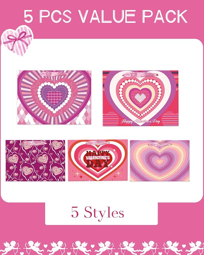 qiqee Valentine 5PCS Wide Gift Bag with Tissue Paper Assorted Size Present Wrap Bags For Lover (3 PCS Medium Size+2 PCS Large Size)
