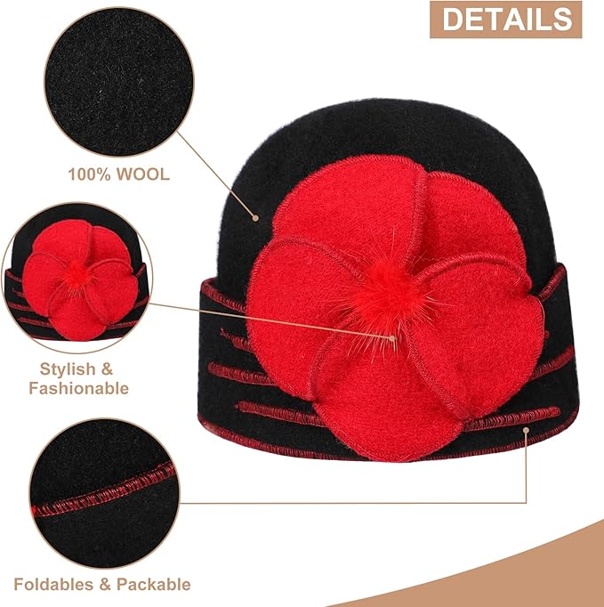 Sumolux Beanie Hats for Women Wool Skull Cap Beret Floral Cuffed French Vintage Dress Cloche Classic Winter 1920s