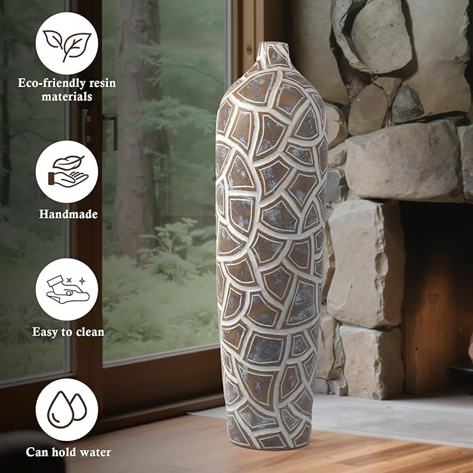 Modern Large Floor Vase,Brown Carved Texture Resin Vase for Home Decor,24.6'' Tall Flower Vases for Entryway Living Room