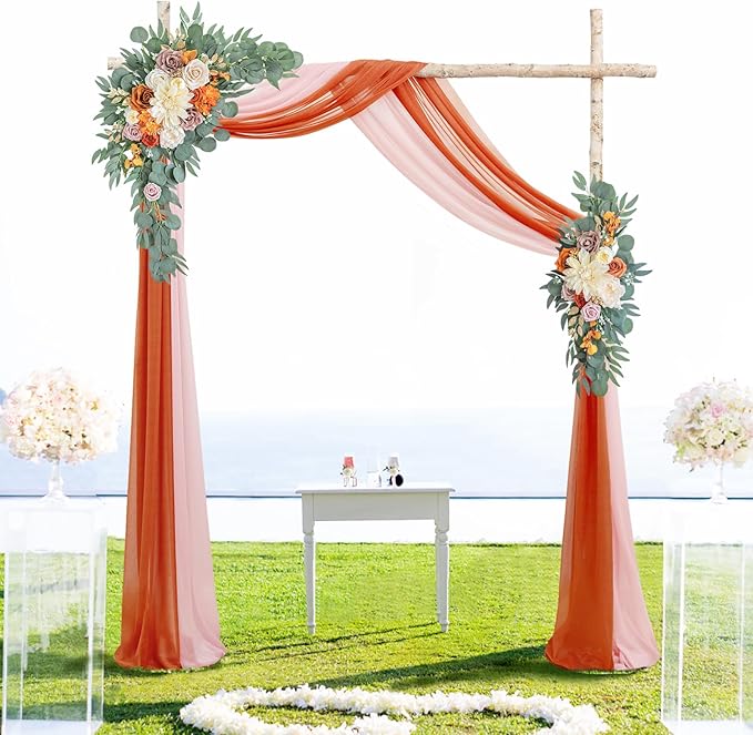 ponatia Artificial Burnt Orange Wedding Arch Flowers Kit with 2PCS Shiny Arch Chiffon Fabric, Dusty Rose Flowers for Wedding Welcome Signs Decorations and Arch Flowers for Wedding Ceremony Reception