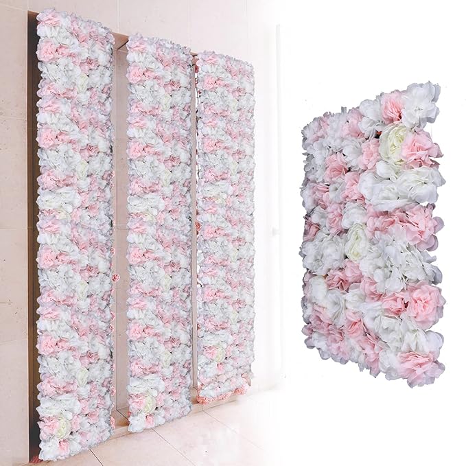 12Pcs 15.75" x 23.62x 0.79 Artificial Flower Wall Panels,Flower Wall Mat Silk Flower Panels for Outdoor Garden Backyard Fence Fence Privacy Screen and Indoor Wall Decor(12Pcs White+Light Pink)
