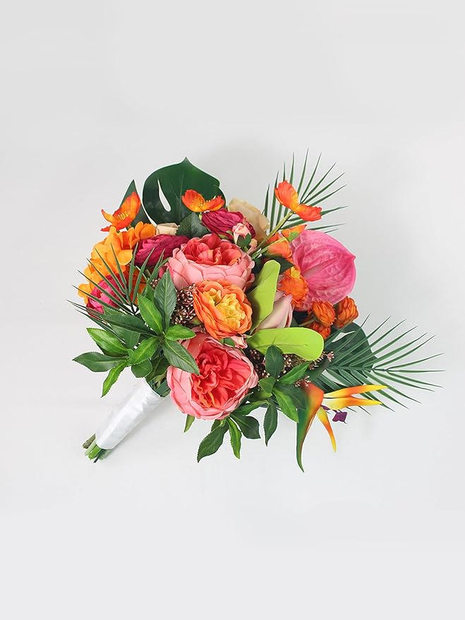 Rinlong 14.5" Wide Tropical Wedding Bouquets for Bride Orange Hot Pink Bridal Bouquet for Wedding Artificial Flowers Bouquets Beach Wedd
