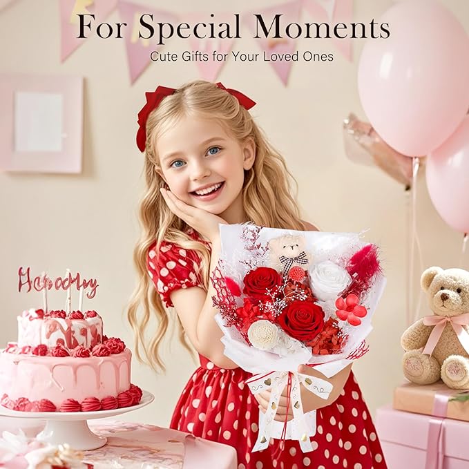 Preserved Flowers Bouquet with Bear, 3 Real Forever Flowers for Delivery, Long-Lasting Red Eteranl Roses Bouquet Birthday Gifts for Women Teenage Girls Girlfriend Mother Wife Her