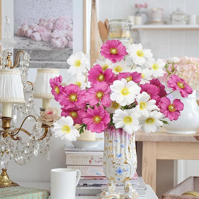 6 Pcs Artificial Flowers with Stems Faux Daisy Flowers Bouquet Rose Red Gardenia Silk Flowers for Home Decor Indoor Vase Outdoors Balcony Table Centerpiece Outside Floral Arrangements Wedding