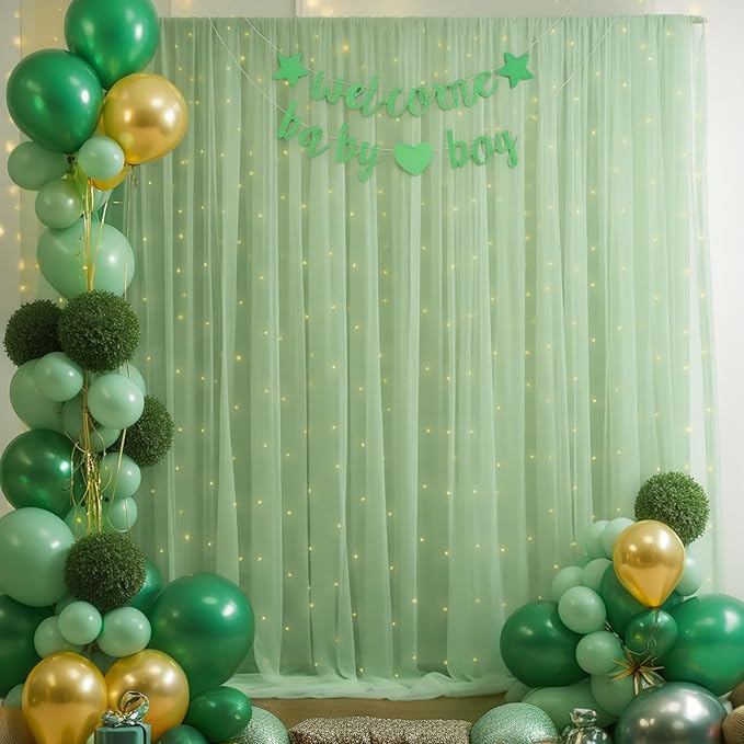 30x10ft Olive Green Tulle Backdrop Curtain with Lights String for Parites, Sheer Backdrop Curtains for Wedding Baby Shower Birthday Party Photo Shoot Decorations