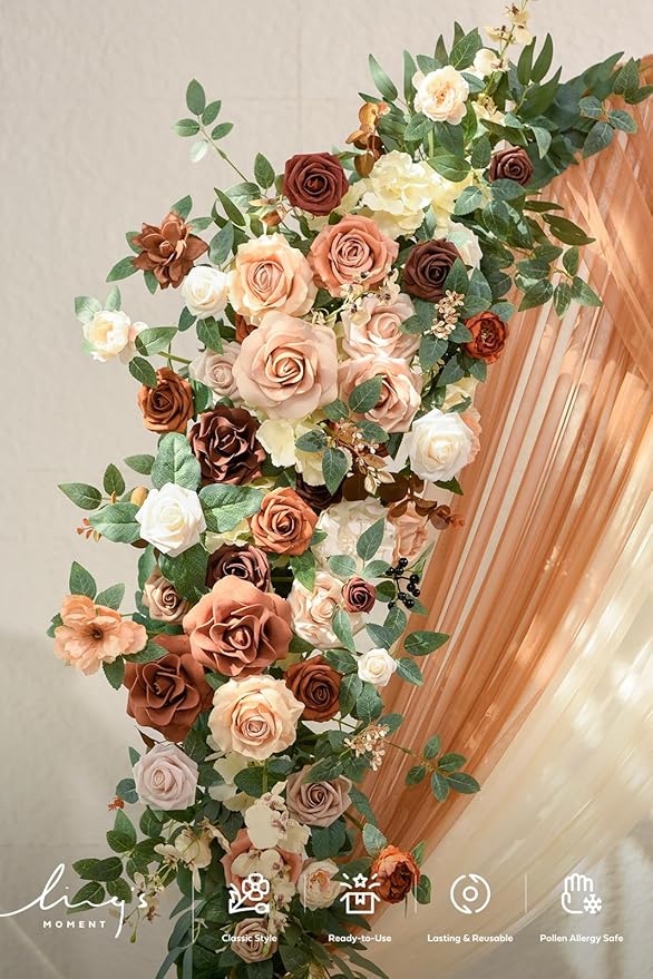 Ling's moment Wedding Arch Backdrop Stand with Flowers - 7.2FT, 6FT Set of 2 Metal Arch Frame with Drape for Ceremony Decor - Artificial Floral Birthday Party, Bridal Shower, Terracotta Orange