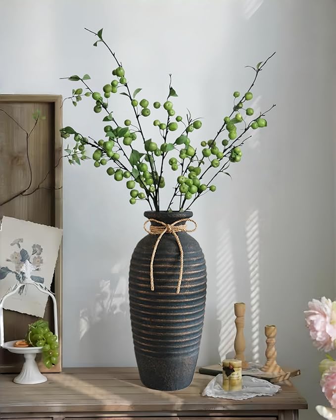 Large Ceramic Rustic Vase，14.4 Inch Vintage Farmhouse Tall Threaded Vase for House Book Shelf Office Coffee Desk Dining Fireplace，Bronze