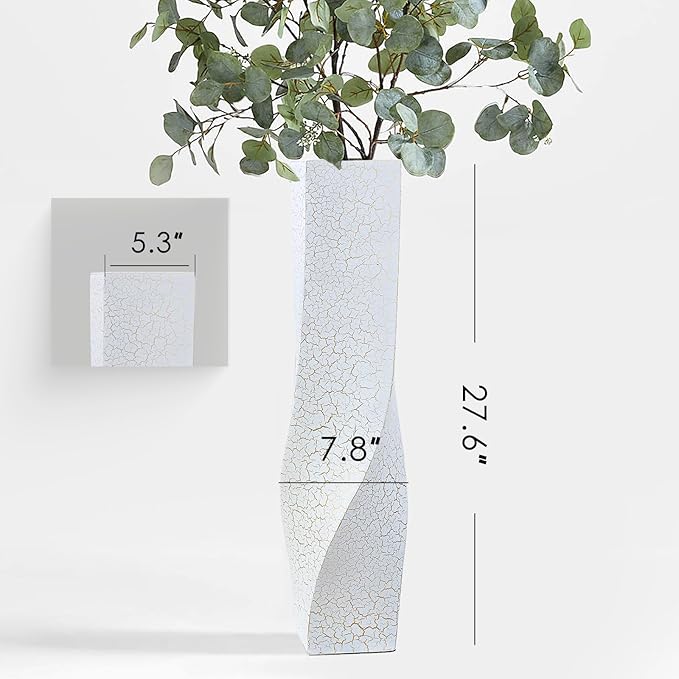 Tall Vases On Floor, 27.56" Twisted Geometric Flower Vase for Home, Living Room, Flower Centerpieces, Shelf, Table, Decor, White Crackle Vase