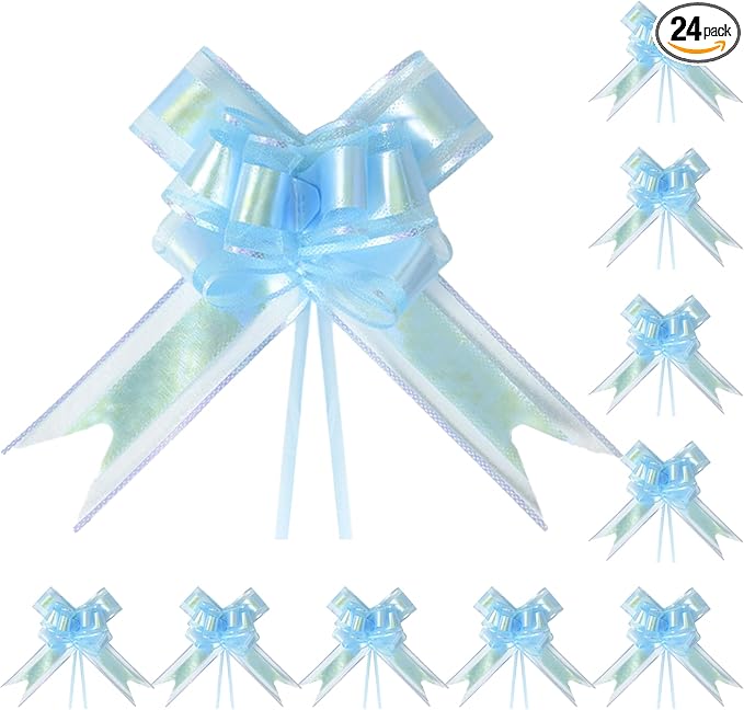 24PCS Sky Blue Pull Bows for Gift Wrapping, 6" Large Pre-Tied Decorative Bows for Christmas, Wedding, Birthday, Party Decorations, Reusable Instant Floral Decors for Gifts, Bouquets, Baskets