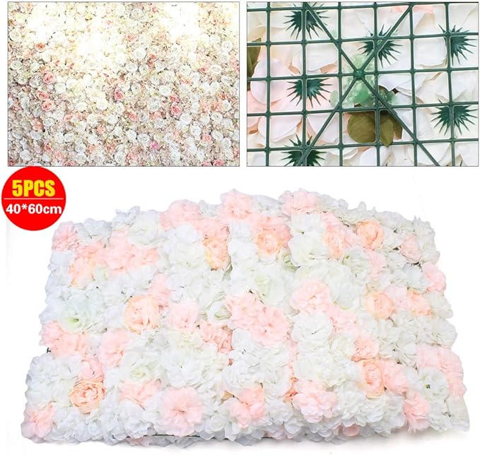 5 PCS Artificial Flowers Wall Decoration 24" x 16" Decorative Hydrangea Flower Panels Flower Wall for Home Party Wedding Christmas Festival Photo Backgdrop Decor (5 PCS, Champagne+Pink+White)