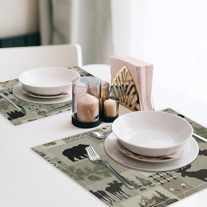 Retro Rustic Lodge Bears Deer Placemats Set of 4, Vintage Cabin Pine Tree Farmhouse Country Style Place Mats, Heat Resistant Non Slip Cotton Linen Dining Table Mats for Home Kitchen 18x12 Inch