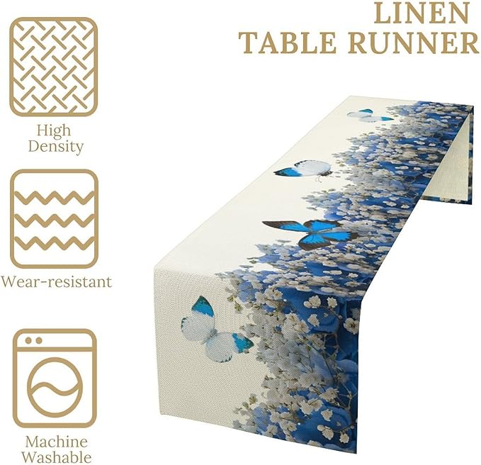 Butterfly Floral Table Runner, Blue White Hydrangea Flowers Bloom Spring Garden Theme Table Runner for Kitchen Dining Holiday Party Wedding, 13x70 Inch