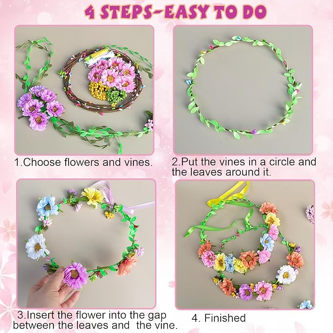 WUBOMJIO Make Your Own Flower Crown Crafting Kit(Daisy Theme)| 120+Piece Set for Endless Creativity | Craft for Creative Girls Age 6-10+