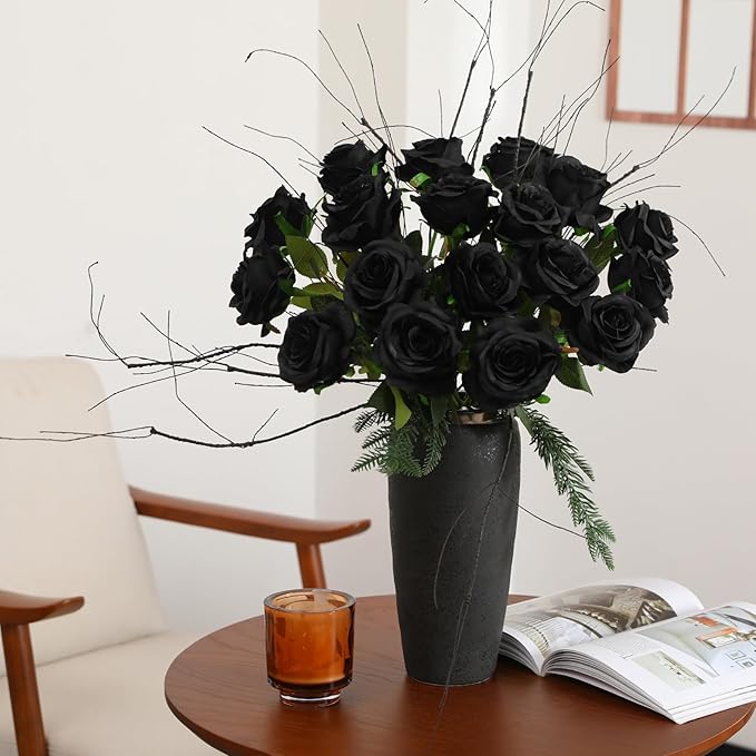 50PCS Artificial Silk Roses in Bulk & Bouquet Long Stem – Realistic Fake Roses for Wedding Centerpieces, Home Decor, Floral Arrangements, Party Decoration (Black)