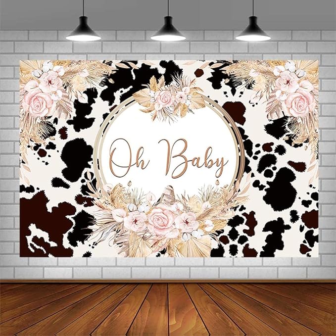 7x5ft Boho Holy Cow Baby Shower Backdrop Oh Baby Black and White Cow Print Bohemia Pink Floral Pampas Grass Photography Background Farm Theme Party Decoration Banner Supplies Photo Studio Props