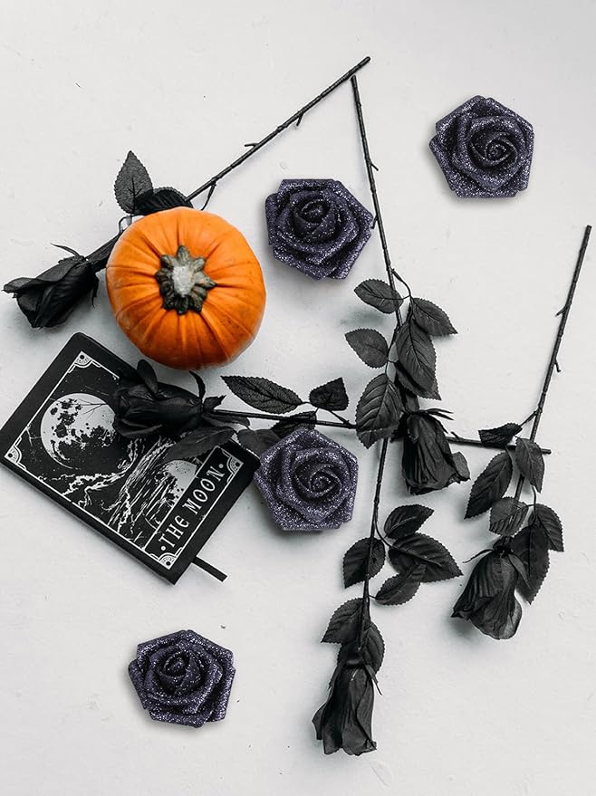 IPOPU Black Glitter Roses,50PCS Fake Roses Glitter Flowers for Crafts DIY Wedding Bouquet Home Party Decoration(Black)