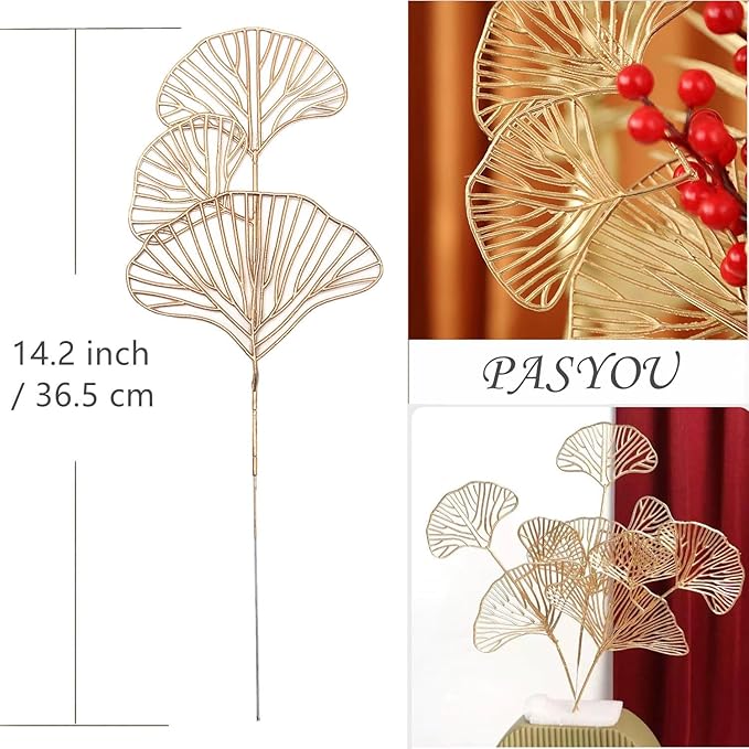 PASYOU Fake Golden Apricot Leaves Plants Artificial Gold Ginkgo Leaf Stems for Christmas Decor, Faux Plastic Sticks Picks Indoor Outdoor Home Wedding Party Event Xmas Ornaments DIY Decoration 12 Pcs